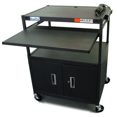 Buhl Height Adjustable AV Media Cart with Security Cabinet - Two Stationary Shelves / Laptop Shelf