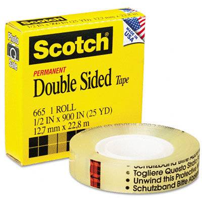 3M 665 Double-Sided Office Tape, 1/2" x 25 Yards, 1" Core, Clear                                                                