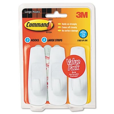 3M Scotch Command Adhesive Hook Value Pack, Large, Holds 5-lb, White, 3 per Pack                                                
