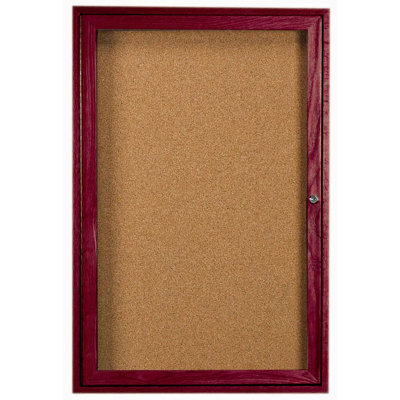AARCO Enclosed Bulletin Board with Red Oak Frame