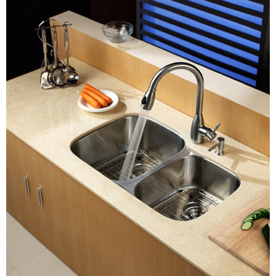 Kraus  Stainless Steel Undermount 32" Double Bowl Kitchen Sink with Pull-Out Kitchen Faucet and Soap Dispenser