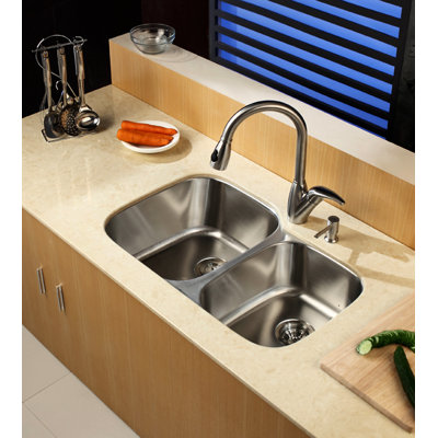 Kraus  Stainless Steel Undermount 32" Double Bowl Kitchen Sink with Kitchen Faucet and Soap Dispenser