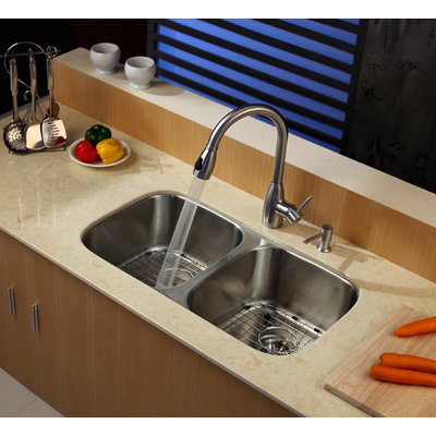 Kraus 32 inch Undermount Double Bowl Stainless Steel Kitchen Sink with Kitchen Faucet and Soap Dispenser