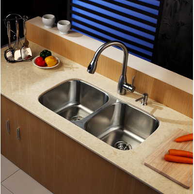 Kraus 32 inch Undermount Double Bowl Stainless Steel Kitchen Sink with Kitchen Faucet and Soap Dispenser