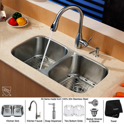 Kraus 32 inch Undermount Double Bowl Stainless Steel Kitchen Sink with Kitchen Faucet and Soap Dispenser