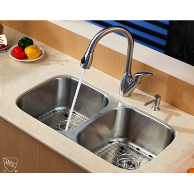 Kraus 32 inch Undermount Double Bowl Stainless Steel Kitchen Sink with Kitchen Faucet and Soap Dispenser