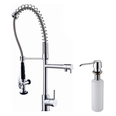 Kraus Three Handle Single Hole Bar Faucet with Soap Dispenser and Pull Out Sprayer