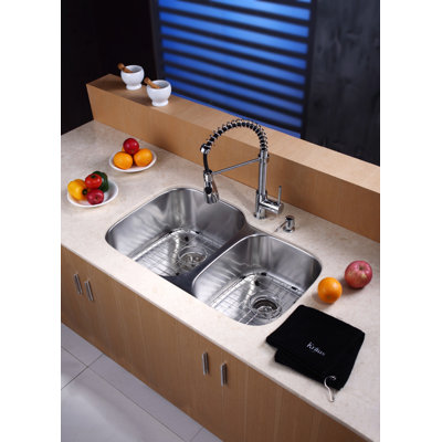 Kraus 32" Undermount 60/40 Double Bowl Kitchen Sink with 20" Faucet and Soap Dispenser