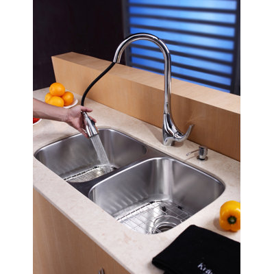 Kraus 32" Undermount 50/50 Double Bowl Kitchen Sink with 18.5" Faucet and Soap Dispenser