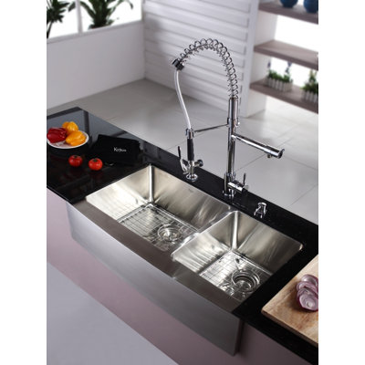 Kraus Farmhouse 36" Double Bowl Kitchen Sink with Faucet and Soap Dispenser