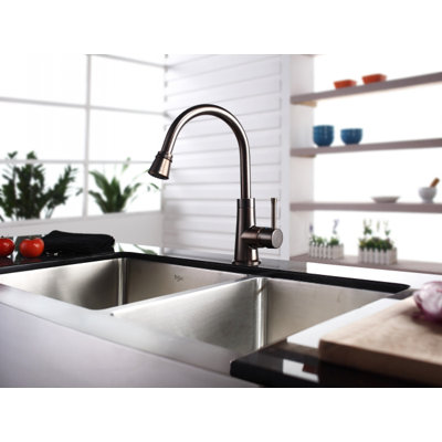 Kraus Farmhouse 36" 70/30 Double Bowl Kitchen Sink with Faucet and Soap Dispenser