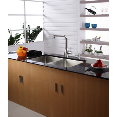 Kraus 33" Undermount 50/50 Double Bowl Kitchen Sink with 13.4" Faucet and Soap Dispenser