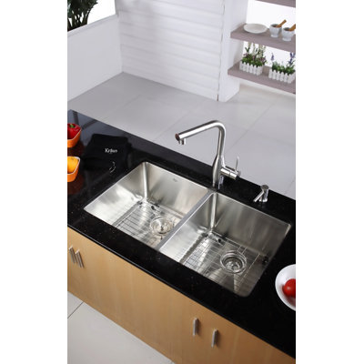 Kraus 33" Undermount 50/50 Double Bowl Kitchen Sink with 13.4" Faucet and Soap Dispenser