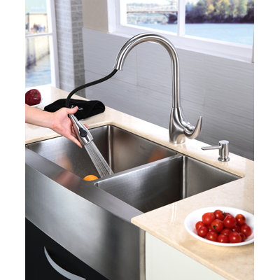 Kraus Farmhouse 33" Double Bowl Kitchen Sink with Faucet and Soap Dispenser