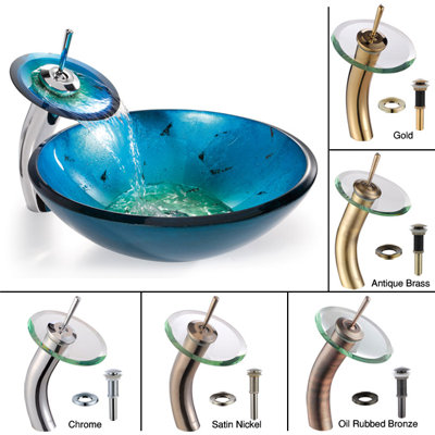 Kraus Clear Glass Irruption Blue Sink and Waterfall Faucet