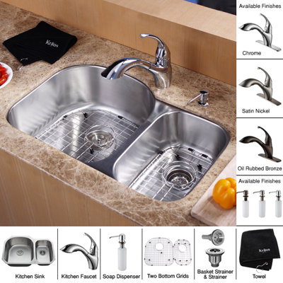 Kraus 32" Undermount 70/30 Double Bowl Kitchen Sink with 11" Faucet and Soap Dispenser