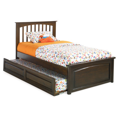 Atlantic Furniture Brooklyn Platform Bed with Raised Panel Footboard and Trundle in Antique Walnut