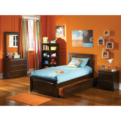 Atlantic Furniture Brooklyn Platform Bed with Raised Panel Footboard and Trundle in Antique Walnut
