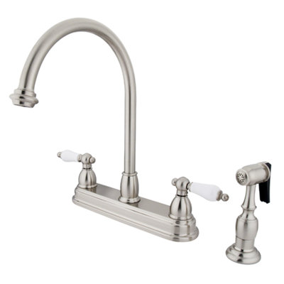 Elements of Design Restoration Deck Mount Double Handle Centerset Kitchen Faucet with Porcelain Lever Handles and Side Spray