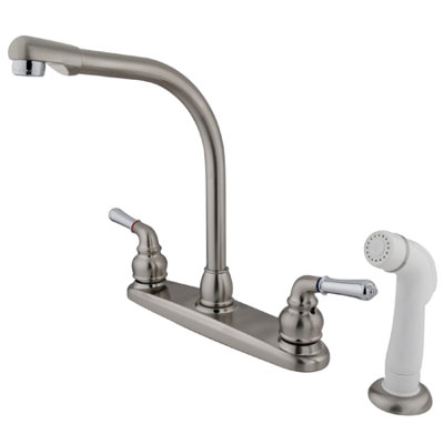 Elements of Design Magellan Double Handle Centerset Kitchen Faucet with Modern Lever Handles and White Side Spray