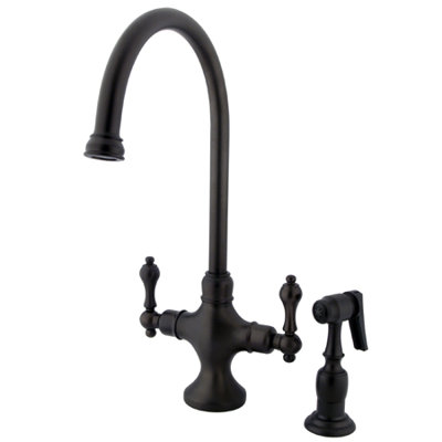 Elements of Design Classic Double Handle Single Hole Kitchen Faucet with Metal Lever Handles and Brass Side Spray