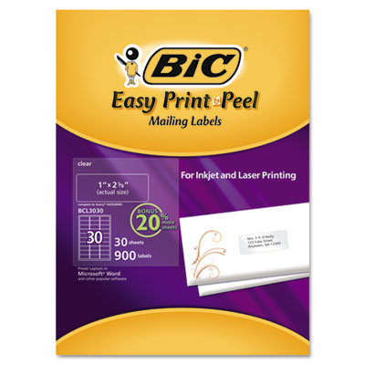 Bic Corporation Easy Print & Peel Clear Mailing Labels 1 x 2 5/8, Clear, 900/Box