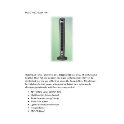 Lasko XTRA Air Tower Fan with Fresh Air Ionizer