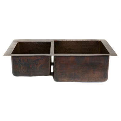 Premier Copper Products 33" Copper Hammered 40/60 Double Bowl Kitchen Sink in Oil Rubbed Bronze