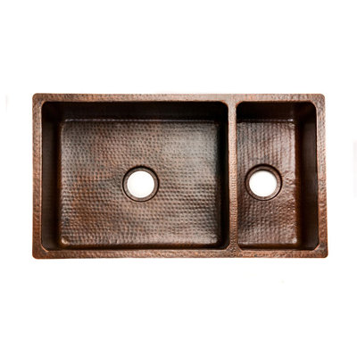 Premier Copper Products 33" Copper Hammered 75/25 Double Bowl Kitchen Sink in Oil Rubbed Bronze