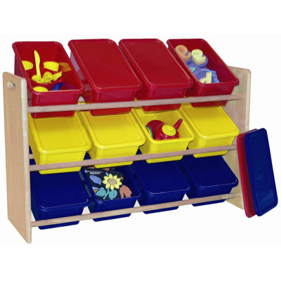 ECR4kids 3-Tier Wood Rack w/12 Assorted Color Bins & Lids