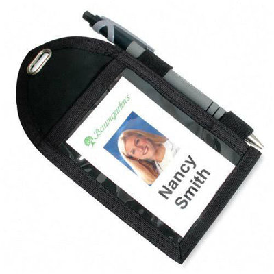 Baumgartens Badge Holder,w/Pen Loop, Second Pocket, 2-1/4"x3-12", Black