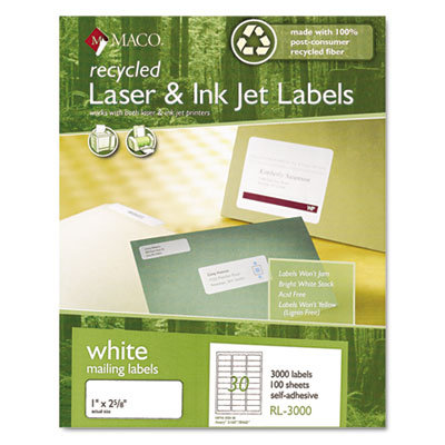Maco Tag & Label Recycled Laser and InkJet Labels, 1 x 2 5/8, White, 750/Box