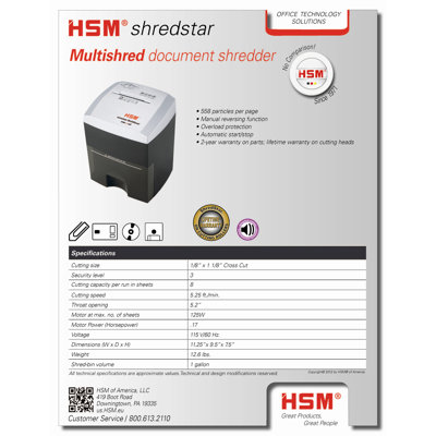 HSM of America,LLC Multishred Shredder, Cross Cut, 9-1/2"x7-1/2"x11-1/4", Silver/Brown