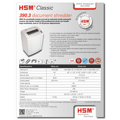 HSM of America,LLC Shredder, Strip-Cut, 42 Sheet Cap, 23"x18"x35", White